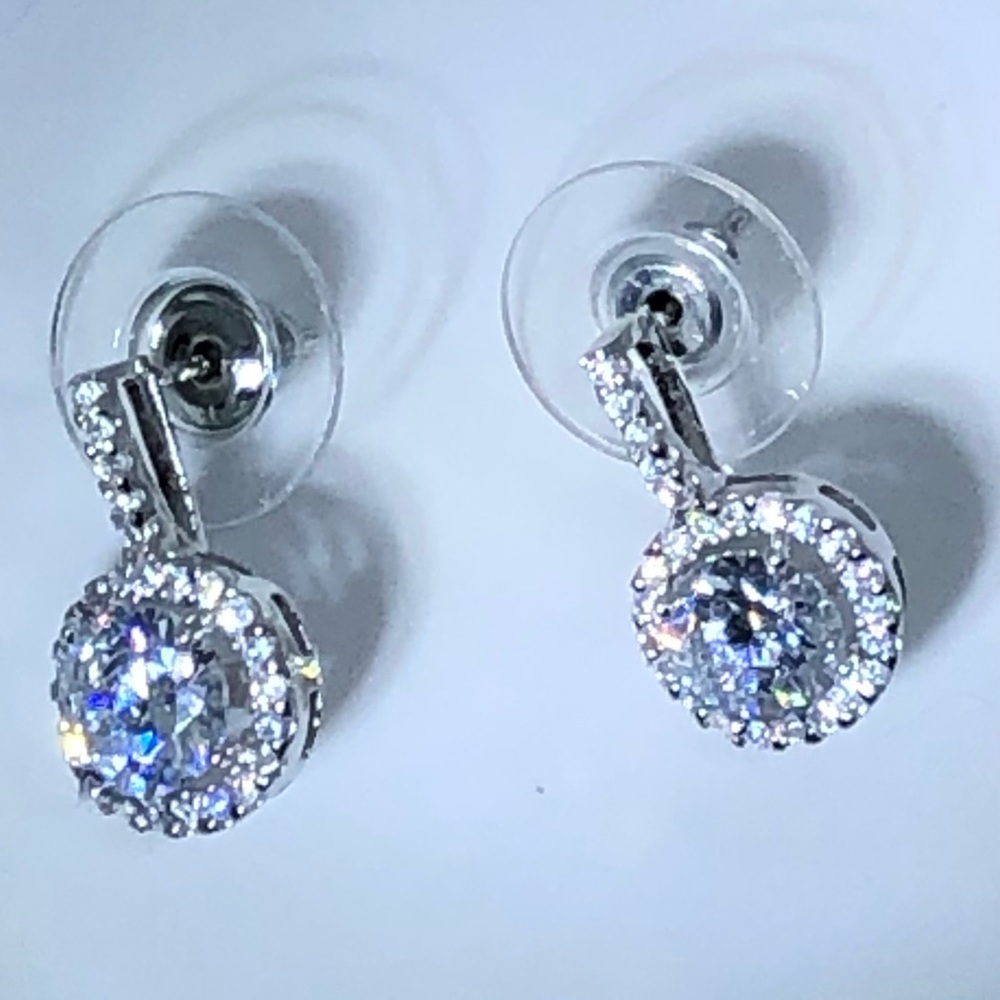 925 STERLING SILVER➕WHITE ZIRCON ROUND WITH HALO DROP EARRINGS